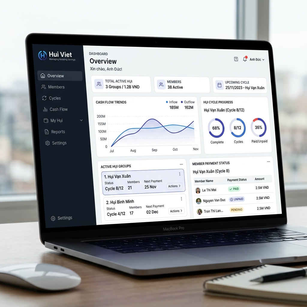 Giao diện Web App Hụi Việt quản lý hụi trên máy tính